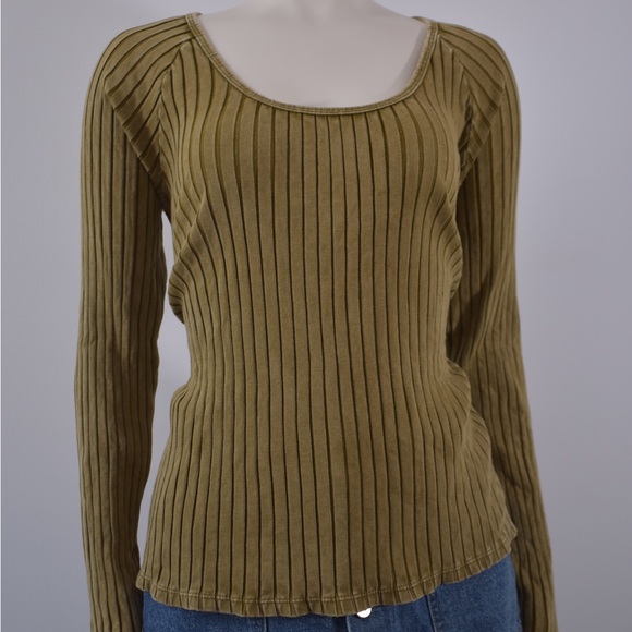 Knox Rose Indie Sleeze Green Ribbed Long-Sleeved Top, Size Medium - Picture 2 of 11